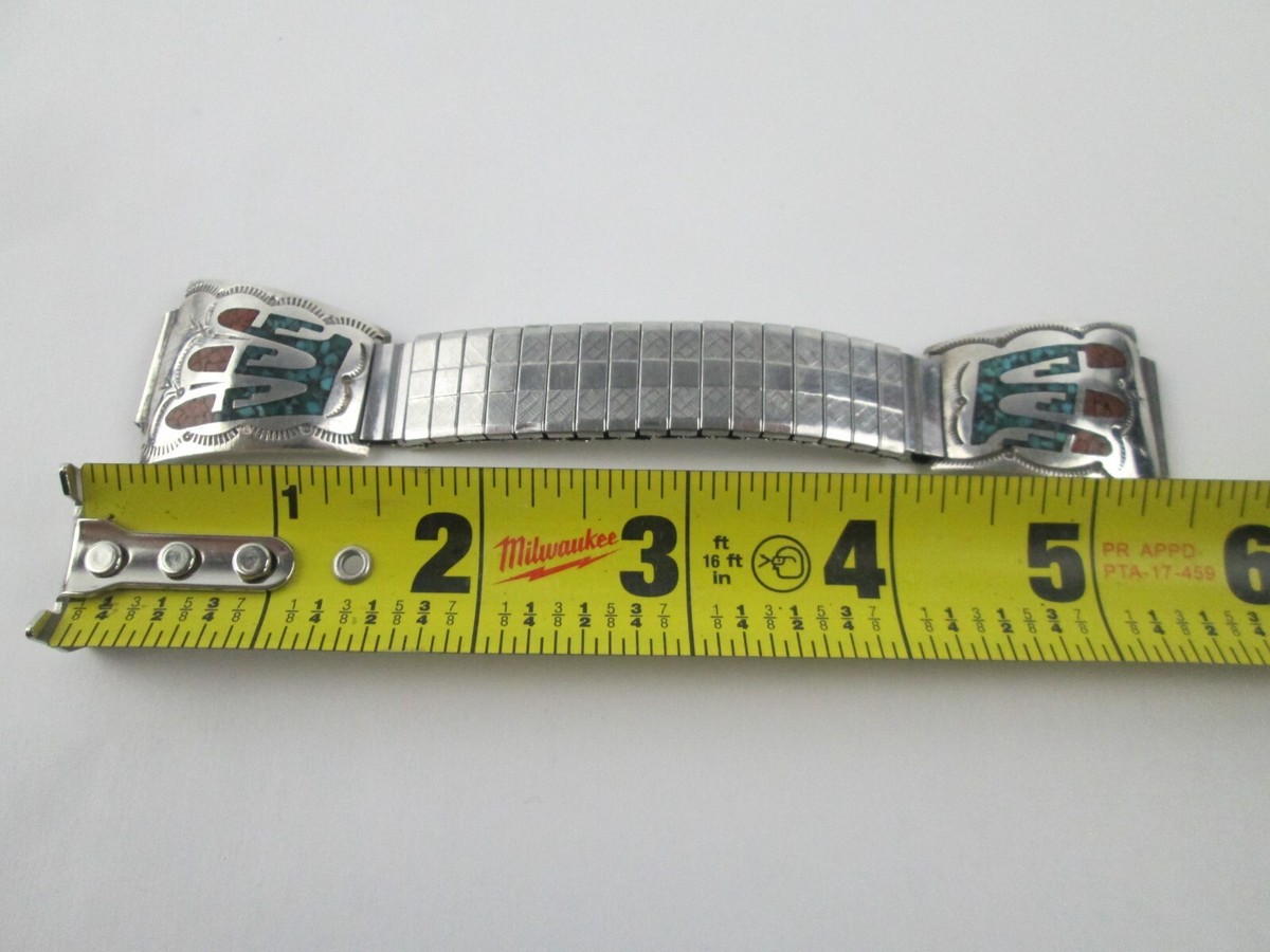 Navajo Nakai Native American Sterling Turquoise Coral Watch Band Ends Signed Navajo Nakai Native American Sterling Turquoise Coral Watch  main image 2