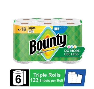 Bounty Paper Towels Select-A-Size White, 6 Triple Rolls, 123 Sheets Per Roll