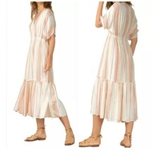 Ikat Cream Striped Midi Dress Boho Vacation Casual V-Neck Sleeves