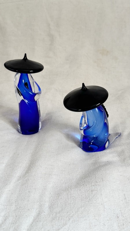 (2)  LOT Formia Vetri Di Cobalt Blue & Clear Murano Glass Asian Fiqurine