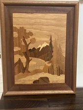 Mountain Landscape Marquetry Intarsia Wood Wall Art 13x16 Rustic Cabin Miller