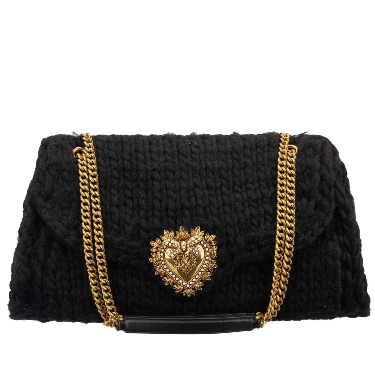 DOLCE & GABBANA DG Logo Pearl Heart Knitted Wool Shoulder Bag DEVOTION Large