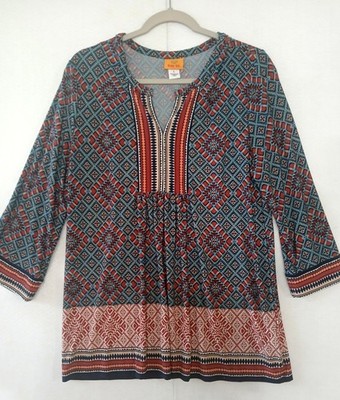 Ruby Rd. Boho Geometric Flowy Tunic Top Large 3/4 Sleeve Peasant Blouse
