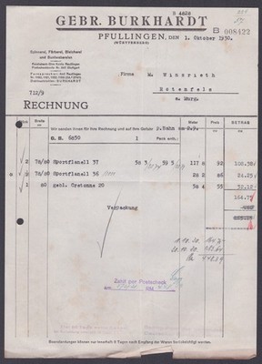 Rechnung Burkhardt Pfullingen Wäscherei Pfullingen Sportflanell Mode 1930