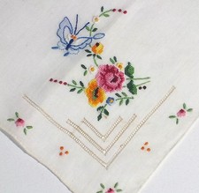 Petit Point Embroidery Linen Hankie Drawn Thread Hand Rolled Hem Blue Butterfly