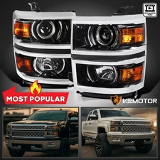 Jet Black Fits 2014-2015 Chevy Silverado 1500 Projector Headlights Chrome Trim