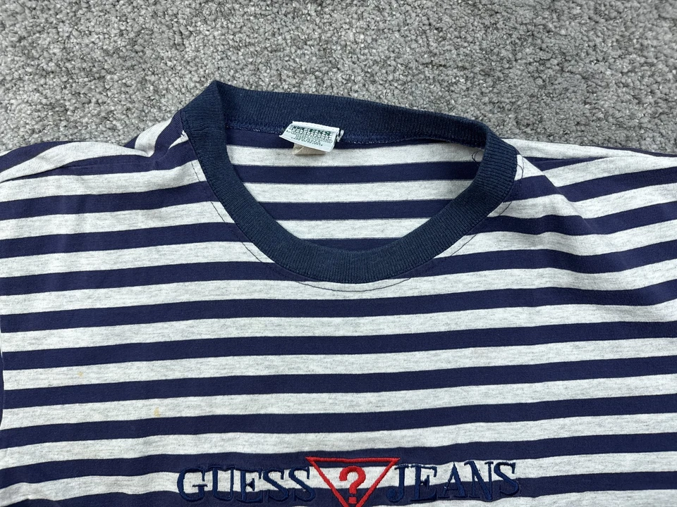 Camisa Jeans Guess De Colección Para Hombre Mediana Azul Blanco Rayas EE. UU. Bordada Años 90 Camiseta Foto 3 de 4
