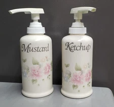 Vintage Pfaltzgraff Tea Rose Ketchup & Mustard Pump Dispensers USA