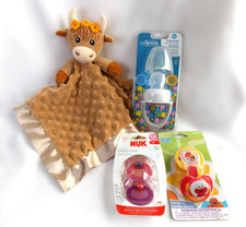 Baby Pacifier and Feeder Lot w/Cow Lovey Blanket