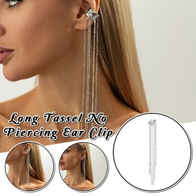Long Tassel No Piercing Ear Clip Earrings for Women Gothic C-shaped Ear Cuff