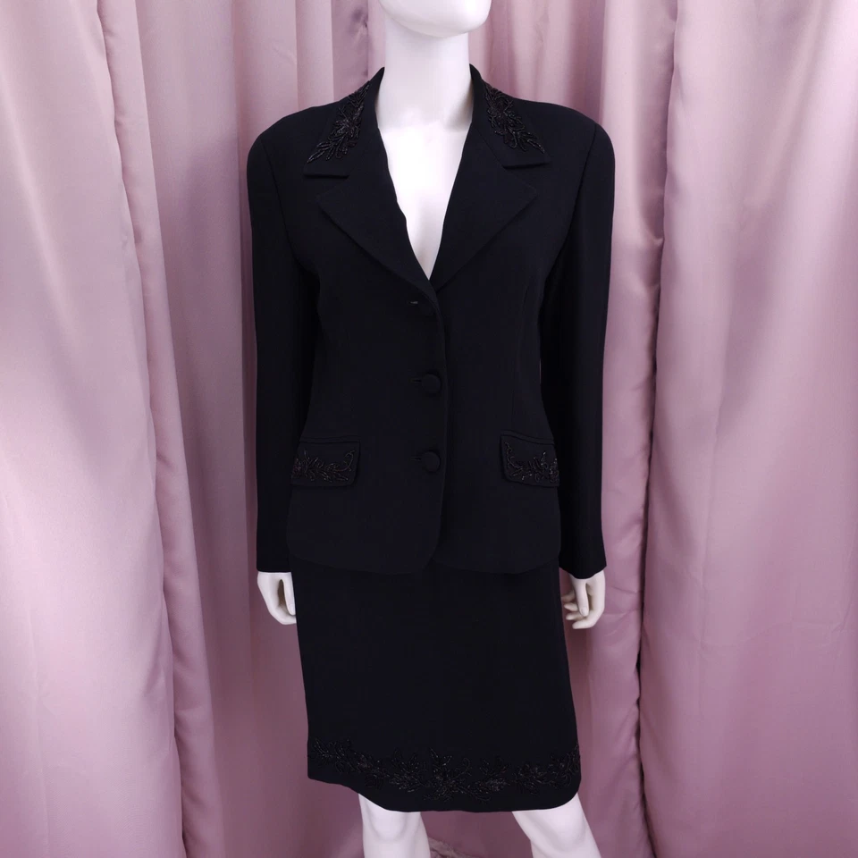 '90s Y2K Liz Claiborne Women's Black Beaded Long Sleeve Pencil Skirt Suit Set 6 - Image 2 of 4