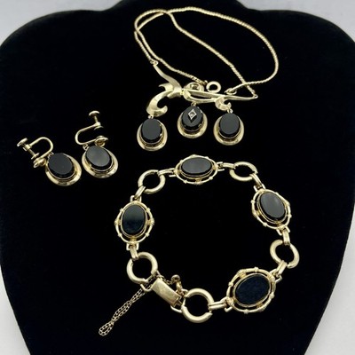 Vtg. CM 1/20 12KT GF Jewelry Set Necklace, Bracelet & Earrings Black Glass -MC