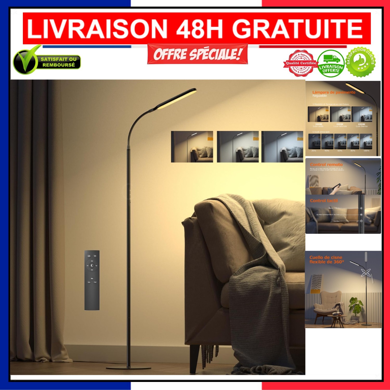 Lampadaire LED dimmable 180 cm anti-éblouissement pour chambre