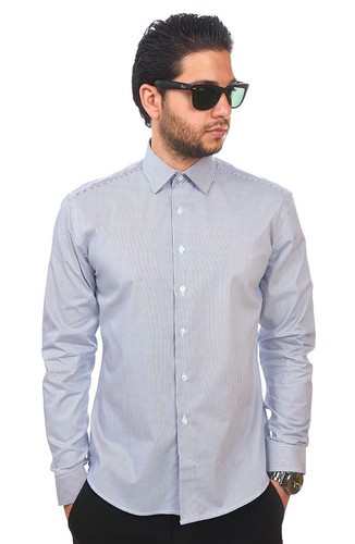 New Mens Dress Shirt Blue Stripe Tailored Slim Fit Wrinkle Free Cotton AZAR MAN - Picture 2 of 4