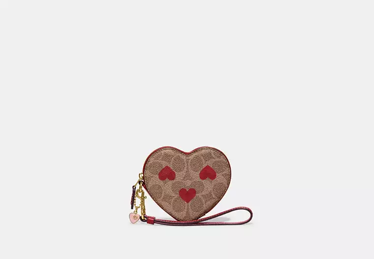 COACH Heart Wristlet in Signature Canvas with Apple Charm BR/TAN RED