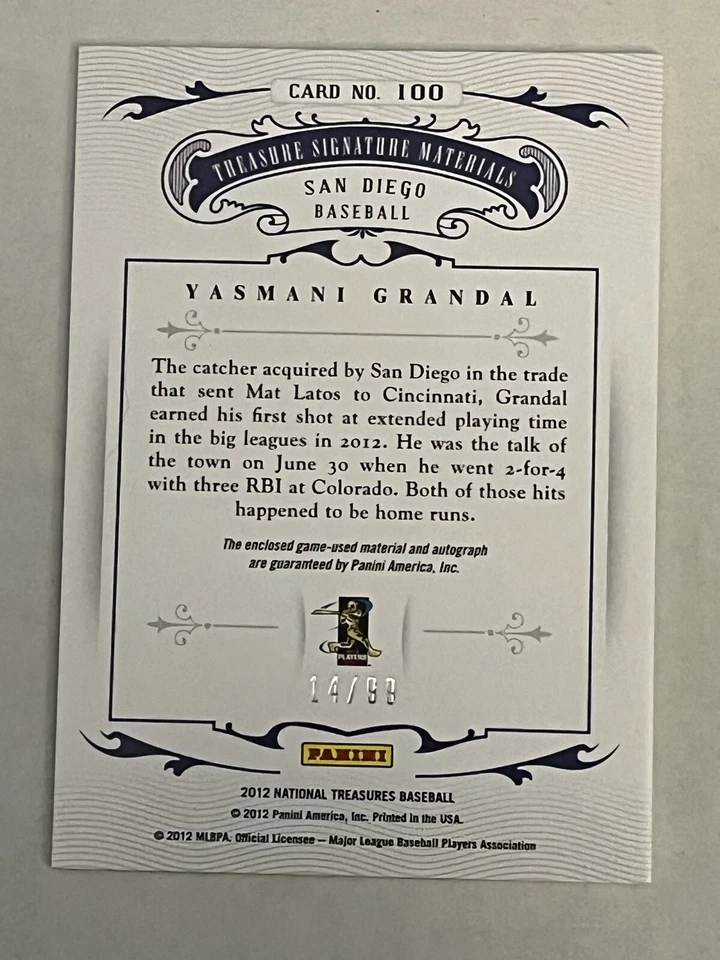 Yasmani Grandal 2012 Panini National Treasures Signature Materials Auto SP /99🔥 - Image 4 of 4