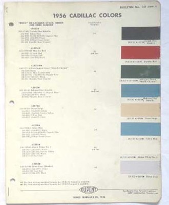 1956 CADILLAC DUPONT COLOR PAINT CHIP CHART ALL MODELS ORIGINAL GM