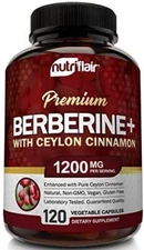 Nutriflair Premium Berberine HCL 1200mg Plus Pure True Ceylon Cinnamon 120 Cap.