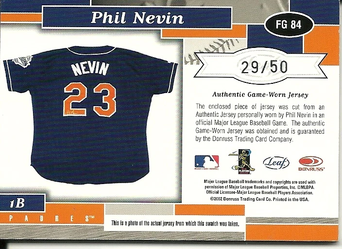 2002 Leaf Certified Materials Fabric Of The Game Position Phil Nevin 84 29/50 - Image 2 of 2