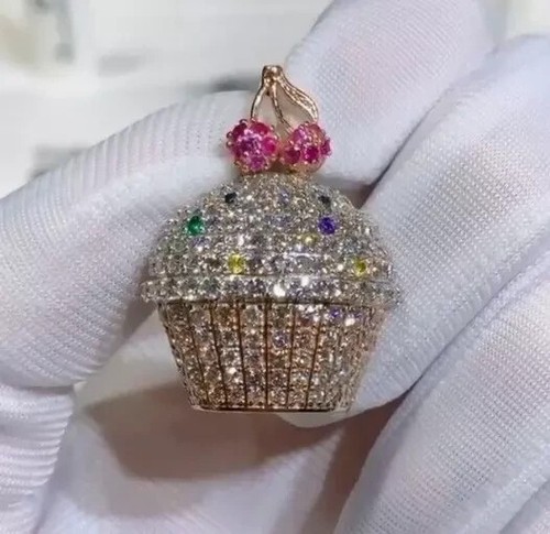 2.90Ct Round Cut Real Moissanite Sweet Cup Cake Pendant 14k Two Tone Gold Plated - Picture 2 of 10