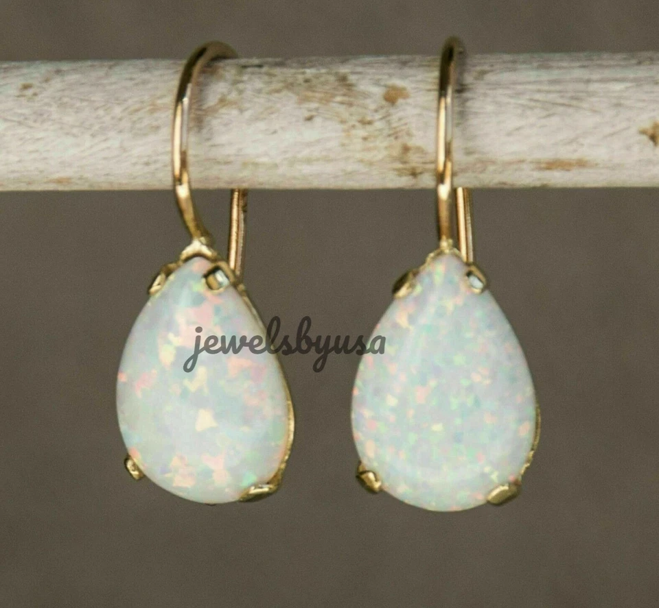 10k Solid Yellow Gold Ethopian Fire Opal Lab Created Pear Hoop Stud Earrings - Image 2 of 4