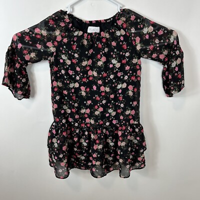 The Childrens Place Girls Floral Peplum Long Sleeve Top Black Pink Floral Size M