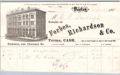 1868 advertising billhead FORBES RICHARDSON & CO BOSTON general merchandise