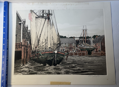Alan Jay Gaines "The Lookout" acquaforte colorata con certificato di autenticità firmato 1981 Sailing Mass. - Foto 8 di 13