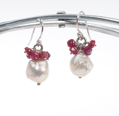 Genuine Faceted Ruby White Freshwater Pearl Cluster Drop Dangle Silver Earrings