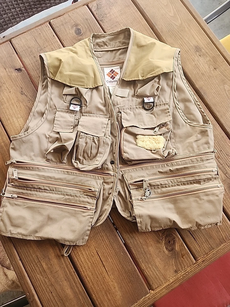 Gilet De Pêche Vintage Columbia Beige Homme Taille M Multi Poches Cargo Zip