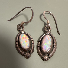Vintage 925 Sterling Silver Martinez Opal Dangle Earrings Southwestern USA Hooks
