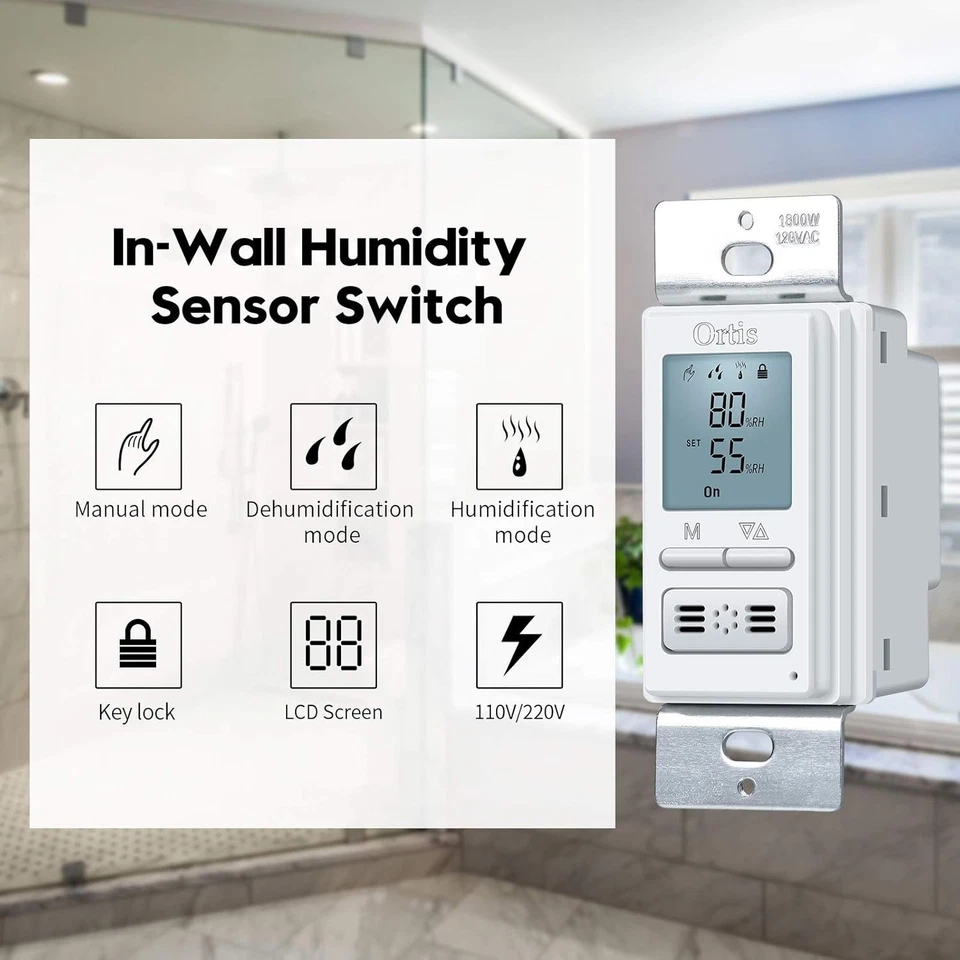 Humidity Sensor Switch In-Wall Bathroom Fan Control Auto Manual 120V/220V - Image 4 of 4
