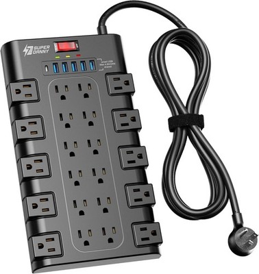 SUPERDANNY Surge Protector Power Strip 22 Outlets 6 USB 6 5 Ft Cord Black