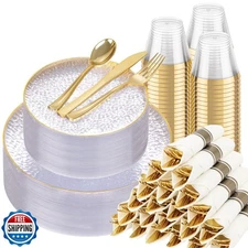 Hioasis 350pcs Clear Gold Plastic Plates - Clear Plastic Dinnerwa
