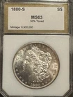 1880-S Morgan Dollar PCI beautiful  toning PCI Mint 63 Old Holder 50% Toned