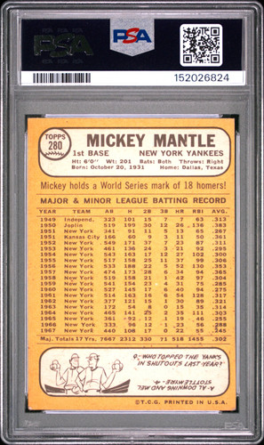 1968 Topps Mickey Mantle PSA 4 #280 New York Yankees HOF - Afbeelding 2 van 2