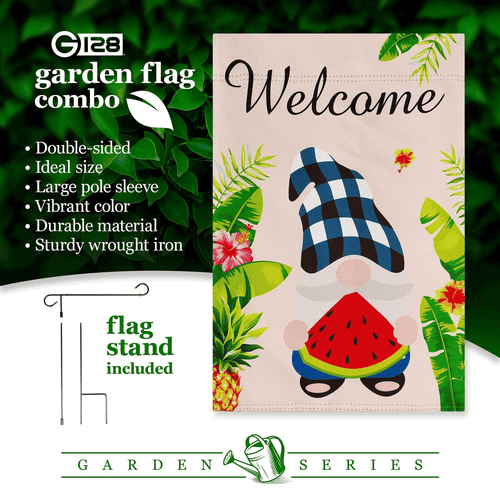 Combo Pack Garden Flag Stand Black 36x16 in Garden Flag 12x18 in Summer Welcome - Picture 7 of 9