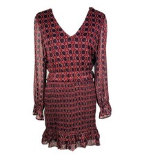 Lulu's Aleenah Burgundy Multi Print Long Sleeve Smocked Dress Size M