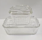2 VTG Federal Glass Refrigerator Dishes with Lids Set - Clear Ribbed Vegetables