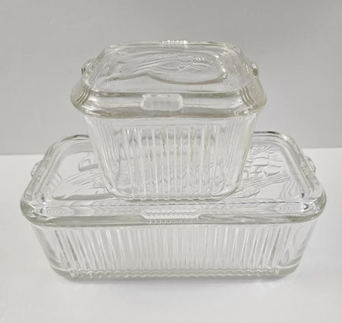 2 VTG Federal Glass Refrigerator Dishes with Lids Set - Clear Ribbed Vegetables