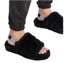 UGG Fluff Yeah Slide Womens Sheepskin Slip On Slide Slippers Size 9 Black