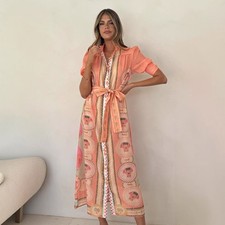 Womens Summer Mock Neck Cotton Linen Embroidery Half Sleeves Belt Casual Dress