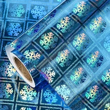 Blue Holographic Wrapping Paper, Metallic Square Snowflake Print for New Year, C