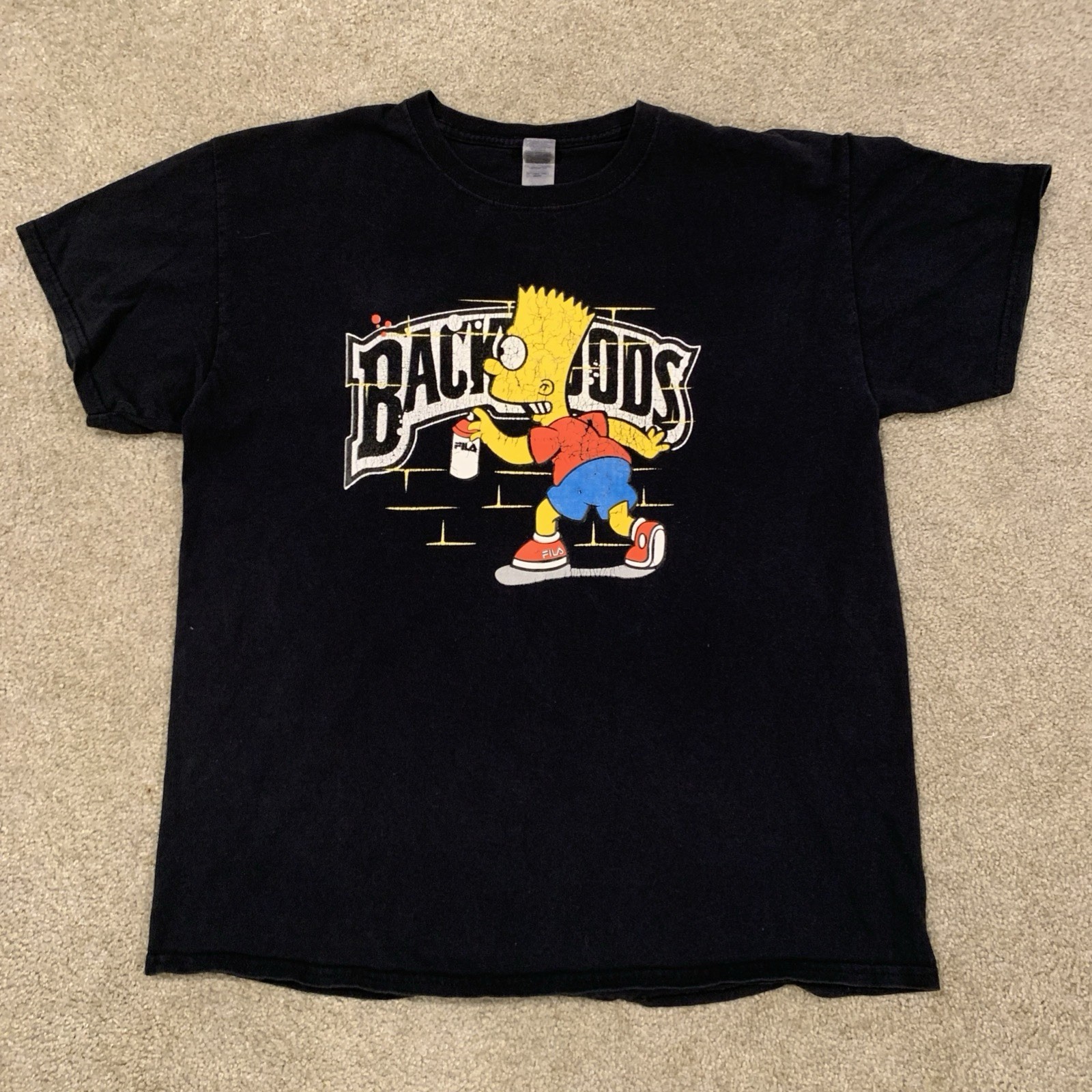 Camicia nera vintage Bart Simpson FILA vernice spray graffiti backwoods taglia L crepata