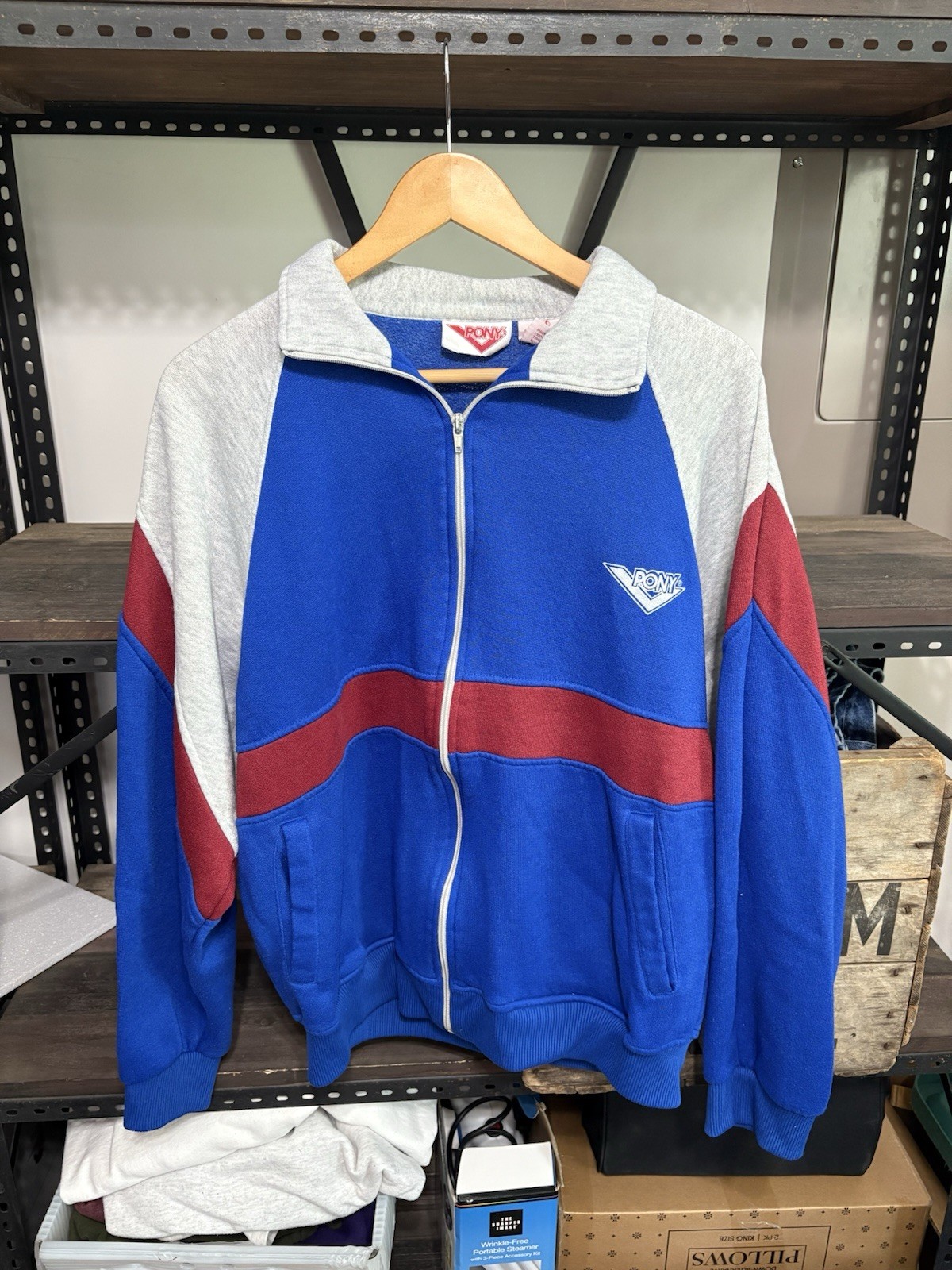 VINTAGE PONY uomo XL blu colorblock giacca a vento felpa con cappuccio 1 2 zip pullover