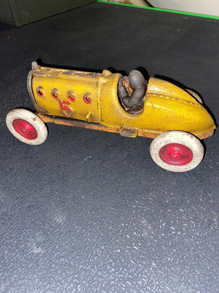 Cast Iron Toy Race Car Yellow Patina 2+ Pounds NASCAR Collector Desk METAL GIFT