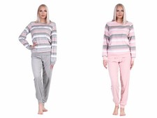 Damen Frottee Pyjama mit Rundhals Ringel Uni Hose  67748