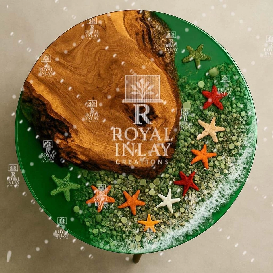 Ocean Inspired Green Epoxy Resin Table with Starfish | Live Edge Wood & Resin - Image 2 of 4