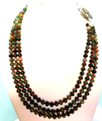 Collier 3 Rangs En Jade Jadéite Verte - 420 Cts - Fermoir Camée Nacre - Argent 925 - Longueur Ajustable