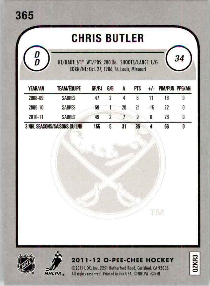 2011-12 O-Pee-Chee Rainbow Chris Butler #365 - Image 2 of 2